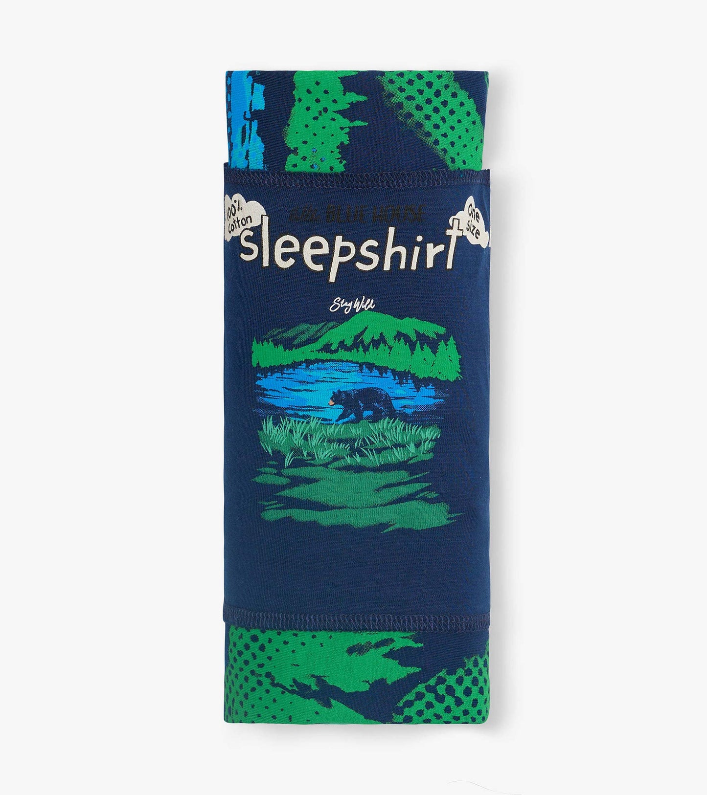 Folded navy cotton sleepshirt with green and blue wildlife print and large “sleepshirt” text