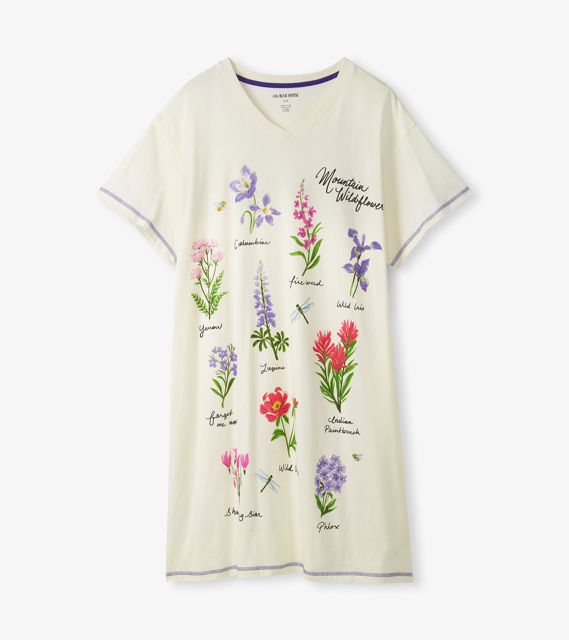 Front view of cream sleepshirt with V-neck, purple trim, and labeled wildflower print