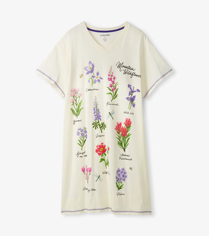 Front view of cream sleepshirt with V-neck, purple trim, and labeled wildflower print