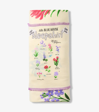 Folded cream sleepshirt with wildflower print and visible Little Blue House packaging text