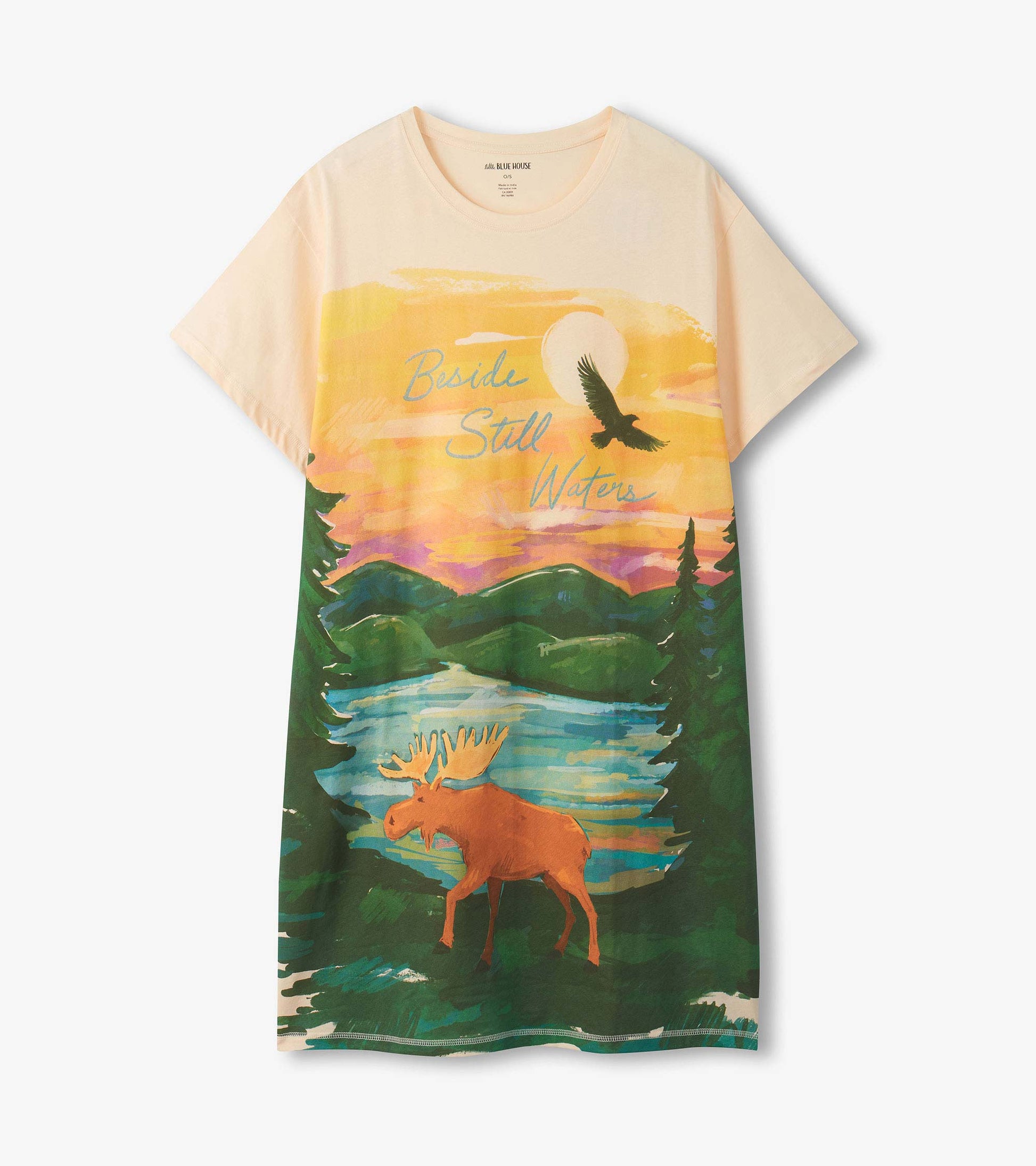 Cream short-sleeve sleepshirt with sunset landscape, bird, moose, and lake graphic on front
