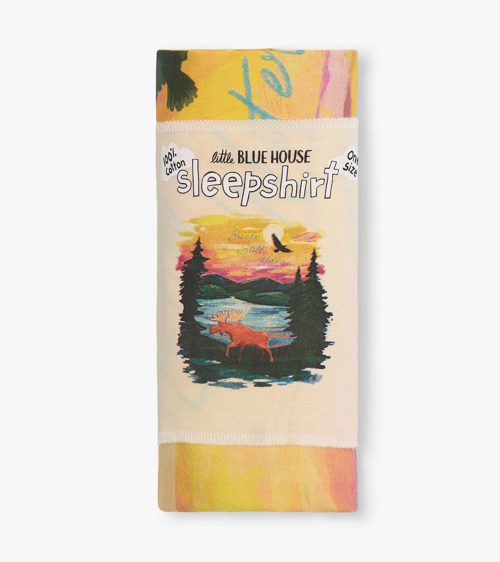 Folded cotton sleepshirt with colorful sunset lake and moose print, wrapped in a cream label band.