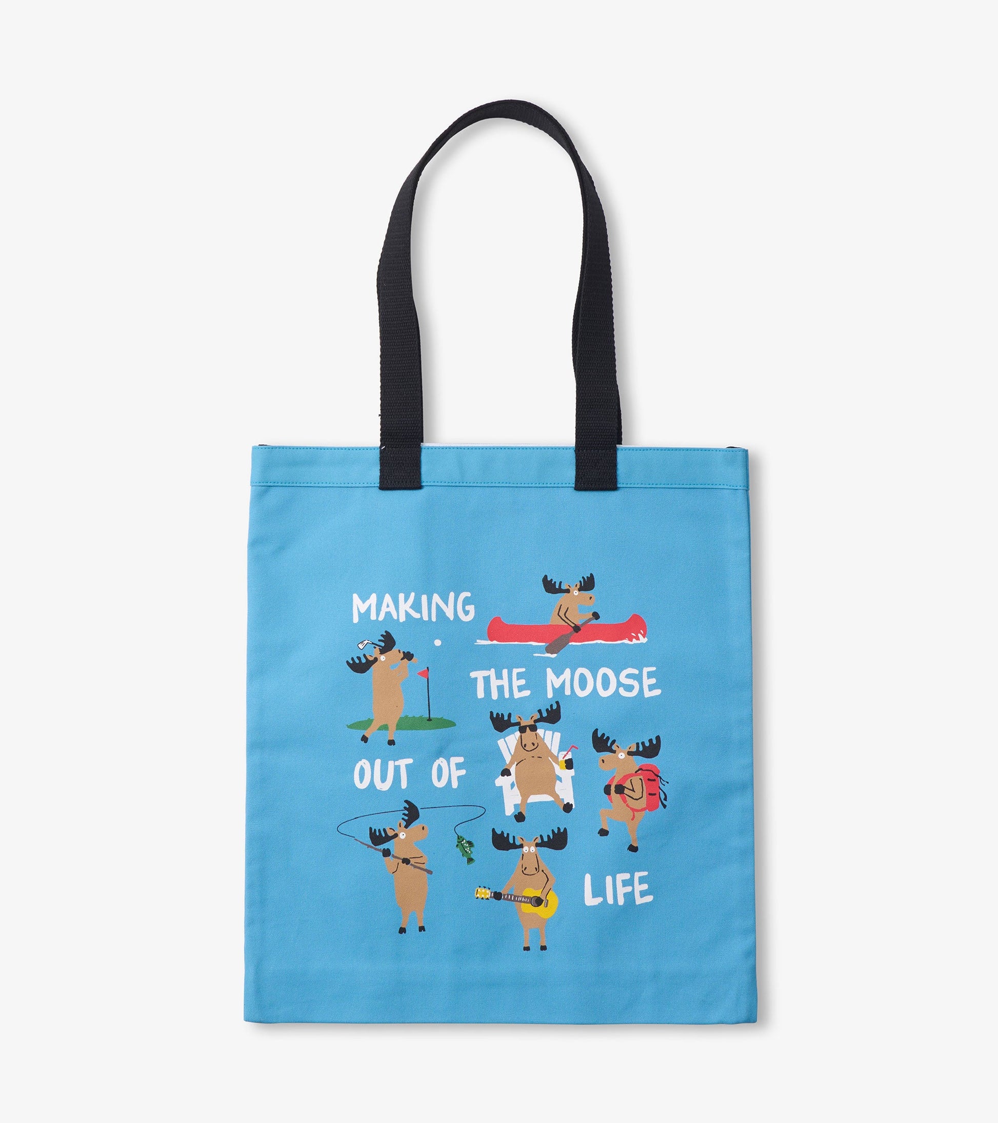 Light blue reusable tote bag featuring playful moose illustrations and the text "Making The Moose Out of Life.