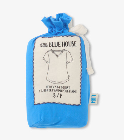 Folded blue women’s V-neck T-shirt in a drawstring pouch with printed label and shirt outline