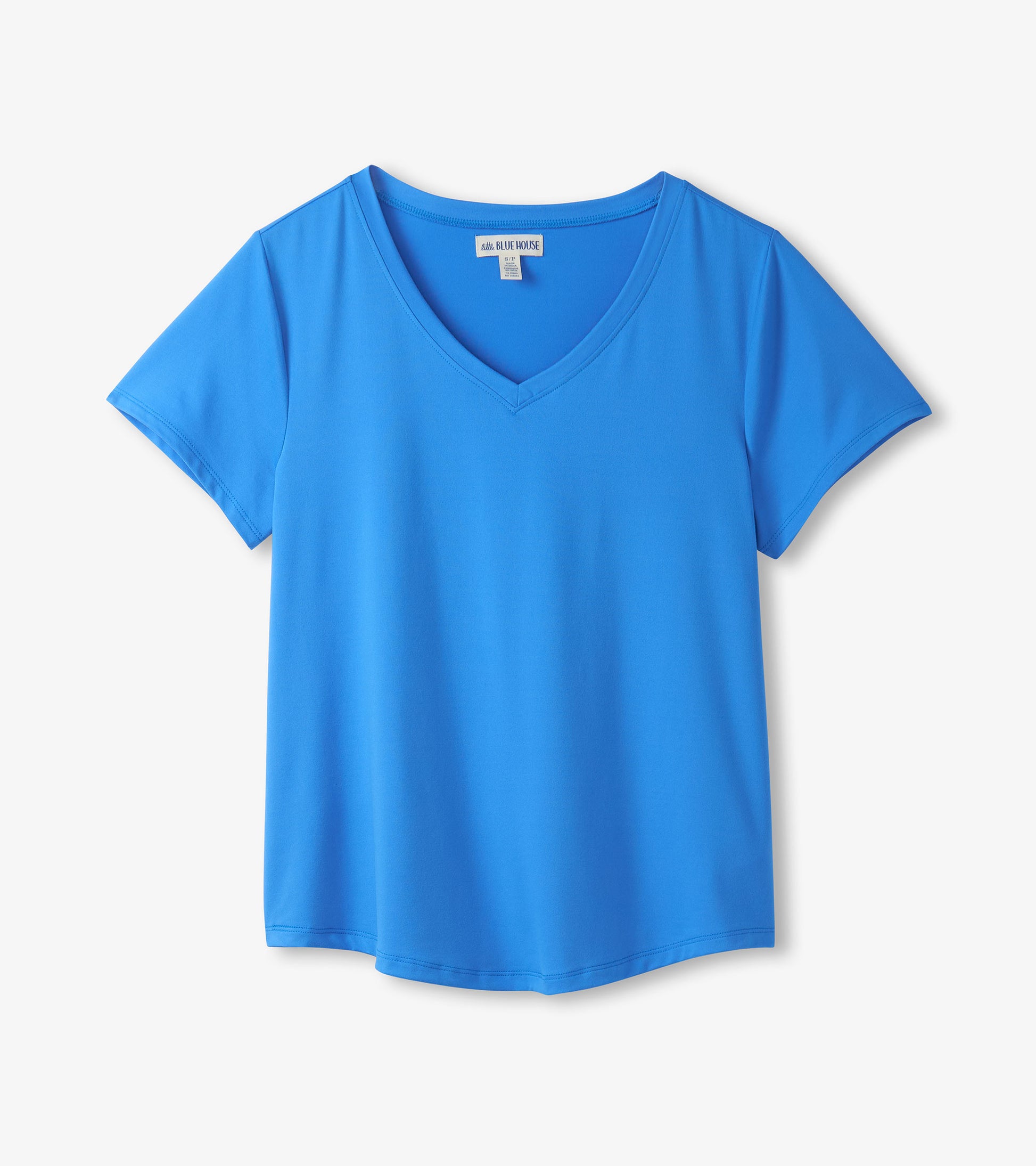 Blue short-sleeve V-neck T-shirt with a smooth, solid-color finish, front view