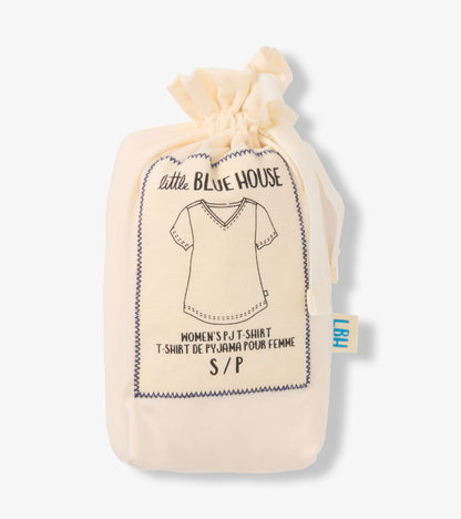 Cream V-neck T-shirt folded in a drawstring pouch with printed Little Blue House label