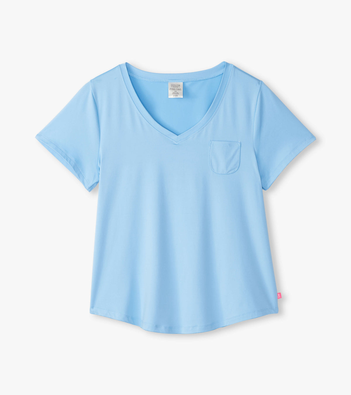 Women's placid blue V-neck T-shirt laid flat with short sleeves and a chest pocket
