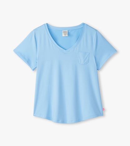 Women's placid blue V-neck T-shirt laid flat with short sleeves and a chest pocket