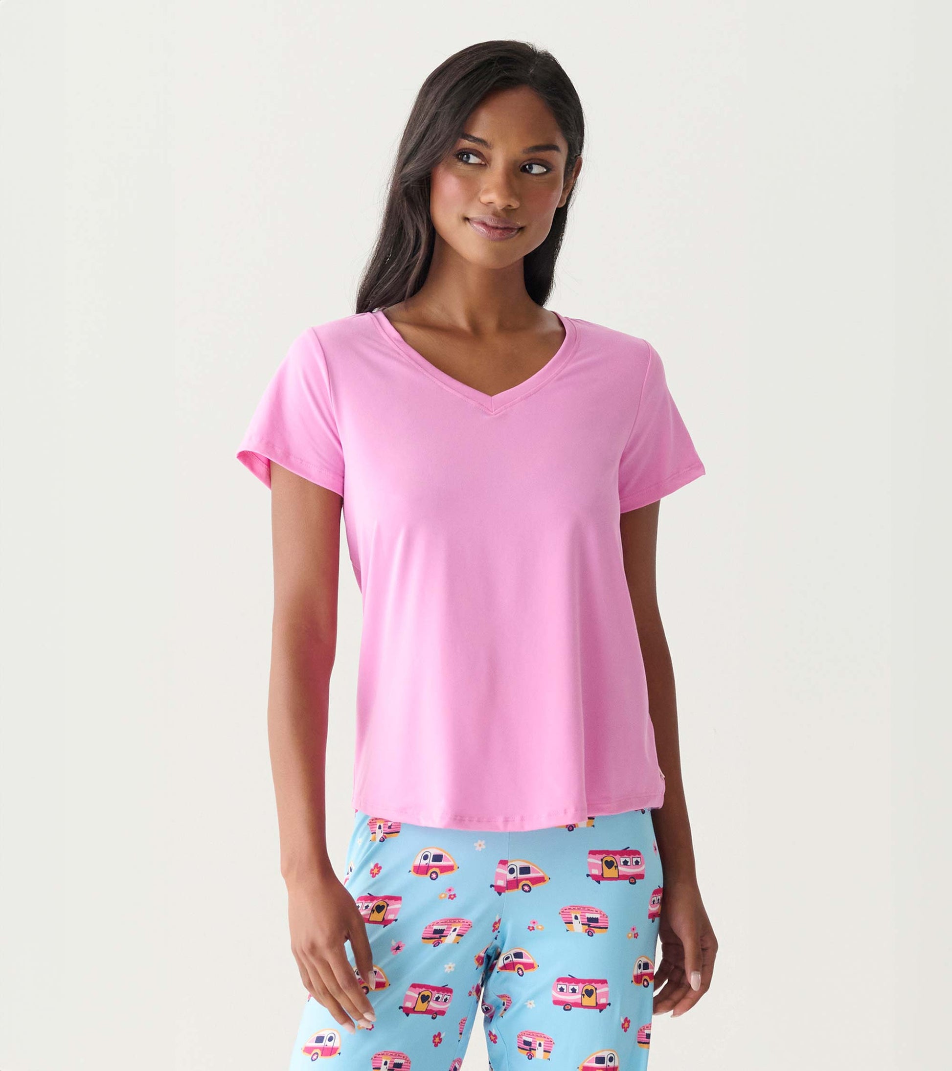 Pink short-sleeve V-neck T-shirt with a relaxed fit, shown on a model front view.