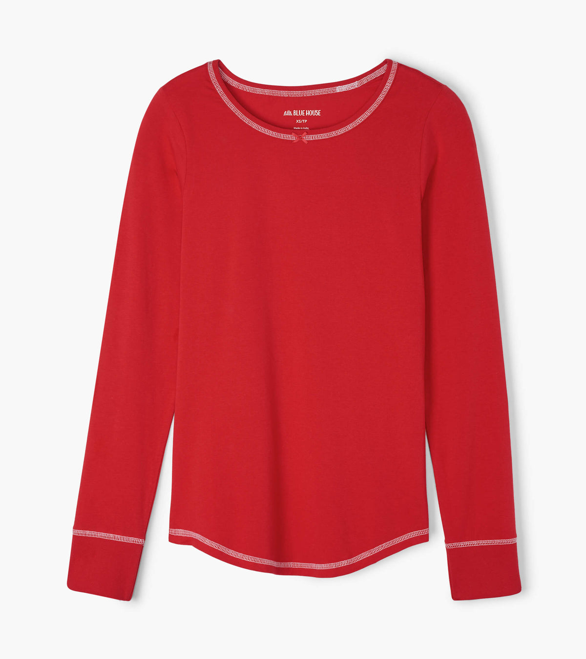 Women's red long sleeve pajama top laid flat with scoop neckline, small bow, and contrast stitching