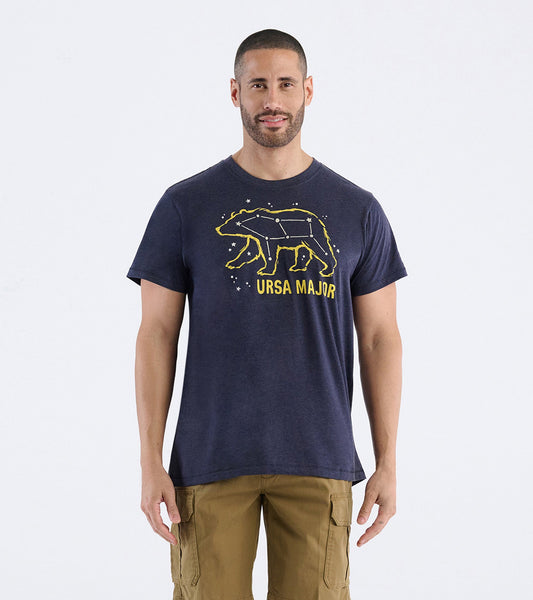 Navy blue men's tee featuring a bear graphic and constellation design in yellow, short sleeves, and a relaxed fit.