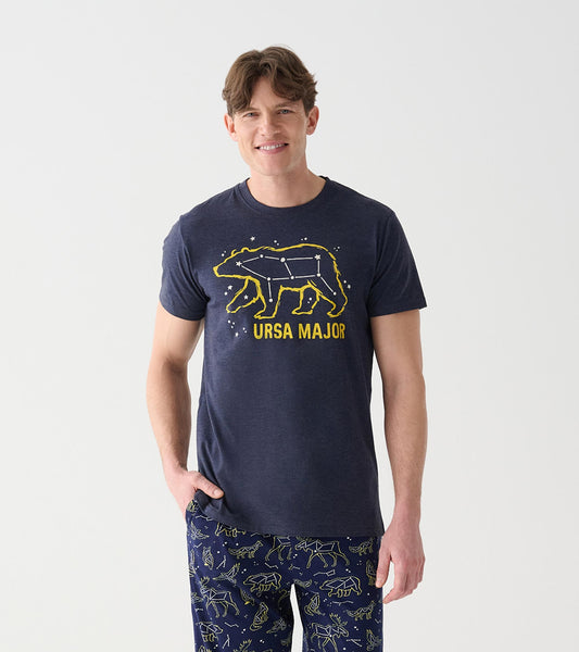 Front view of navy Ursa Major men's tee with bear constellation graphic and yellow text