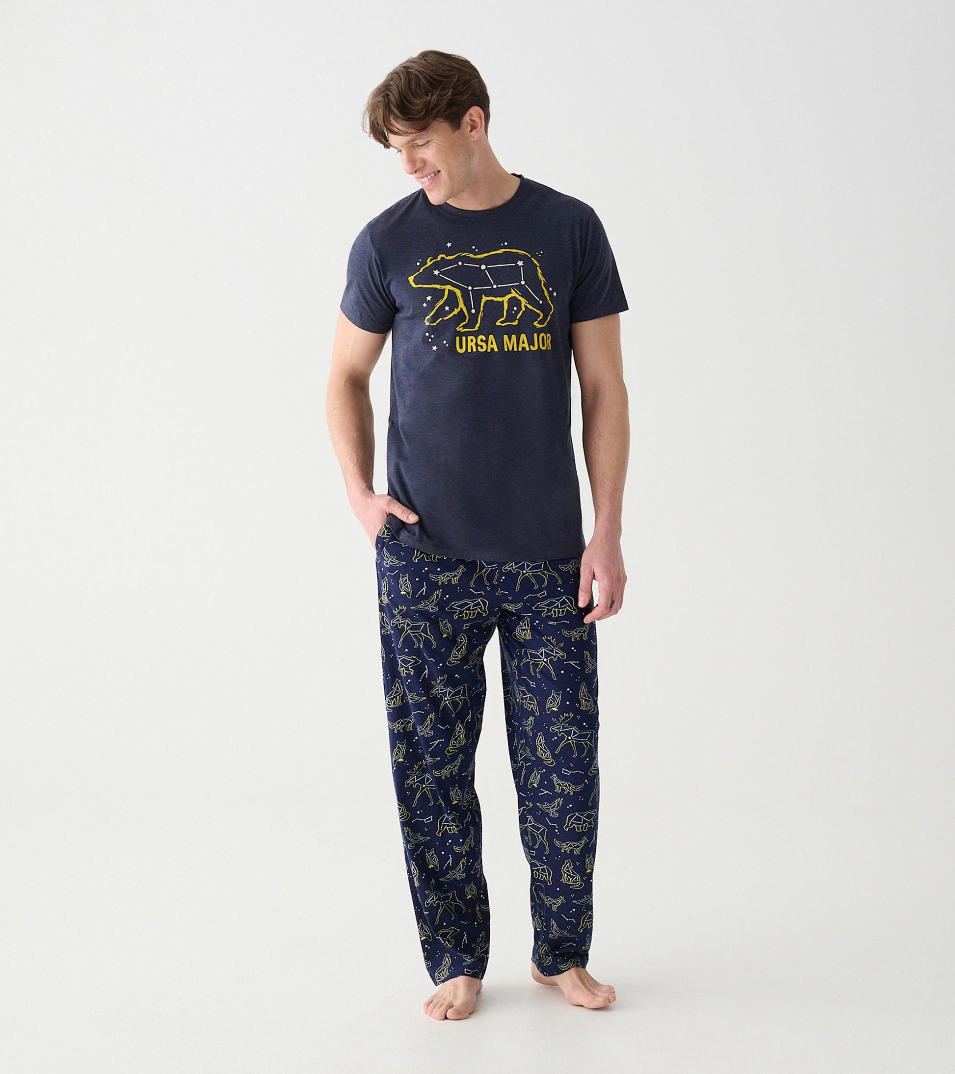 Full front view of navy Ursa Major men's tee with bear constellation graphic