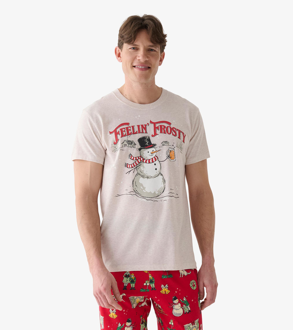 Front view of heather cream T-shirt with Feelin' Frosty text and snowman holding a beer mug