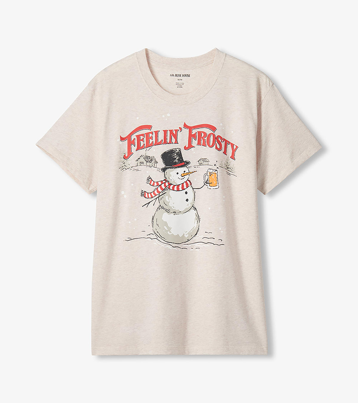 Heather cream Feelin' Frosty T-shirt with snowman graphic, top hat, striped scarf, and beer mug