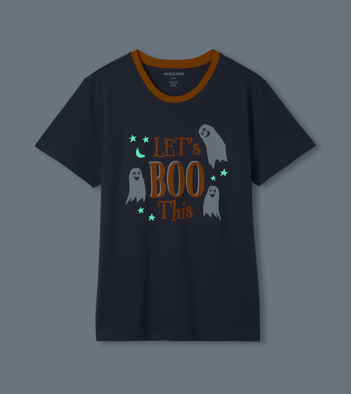 Charcoal Let's Boo This T-shirt with orange ringer neck and ghost graphic on dark background
