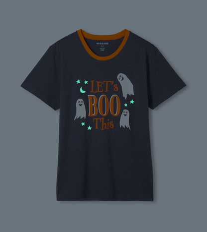 Charcoal Let's Boo This T-shirt with orange ringer neck and ghost graphic on dark background