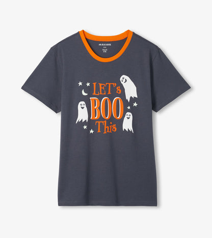 Front view of charcoal Let's Boo This T-shirt with orange neckline and ghost graphic