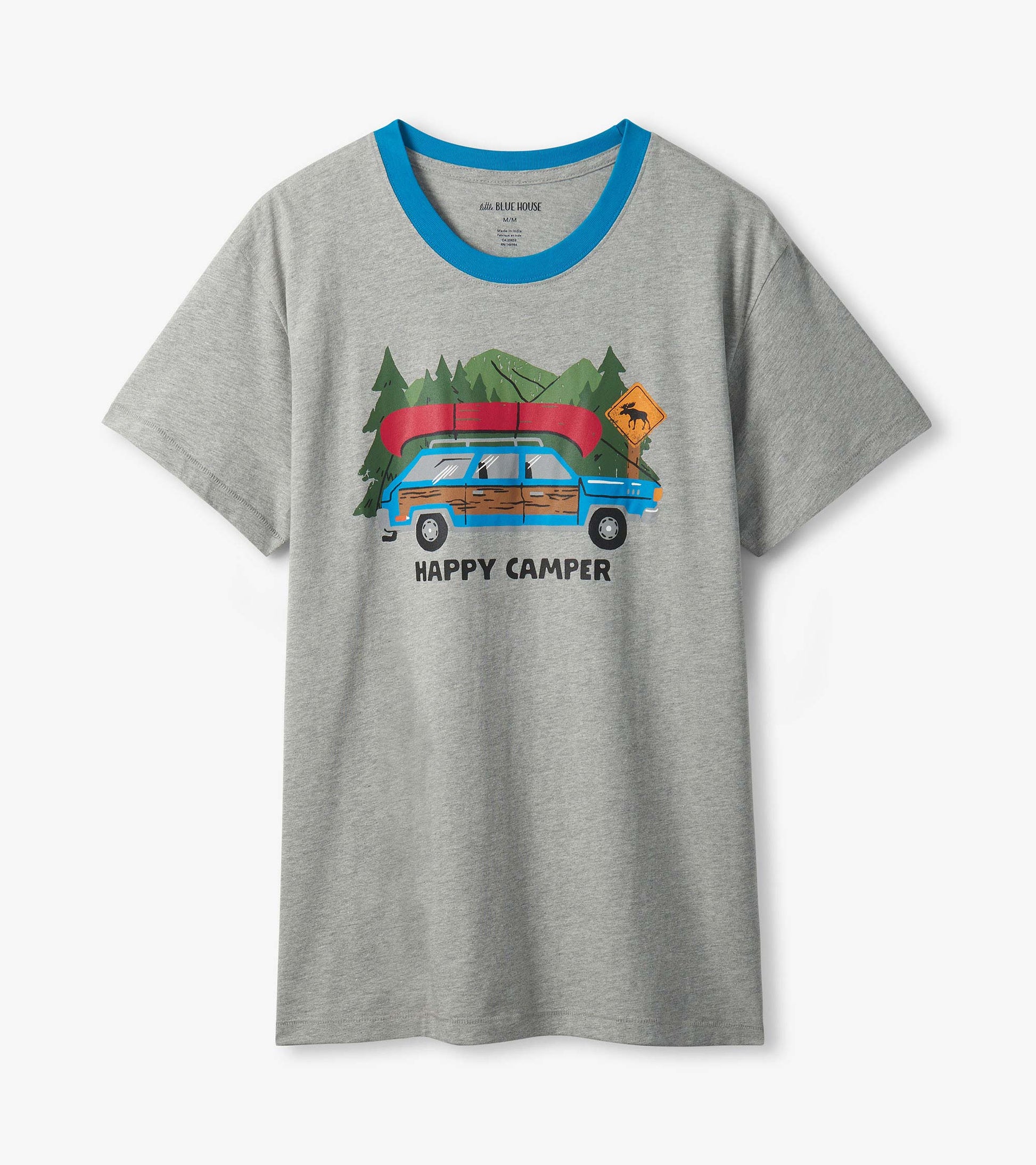 Heather gray retro camping T-shirt with blue crew neck and Happy Camper wagon and canoe graphic