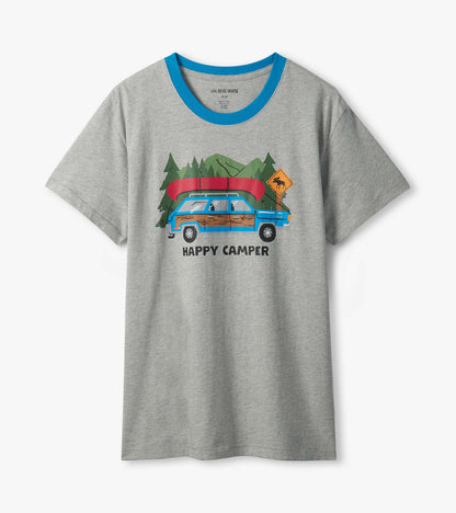 Heather gray retro camping T-shirt with blue crew neck and Happy Camper wagon and canoe graphic