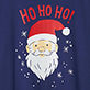 Santa face with a red hat, snowflakes, and the words “HO HO HO!” on a dark blue background