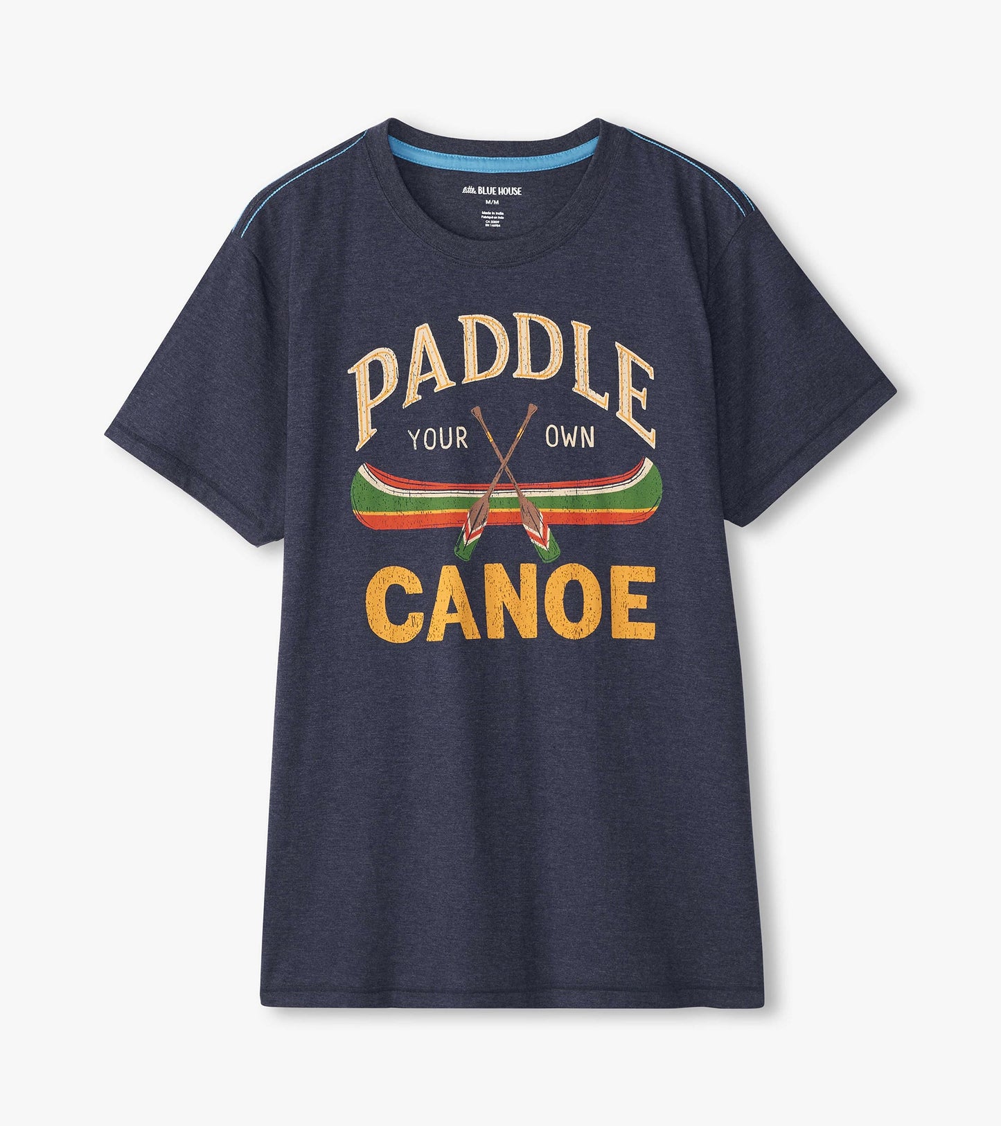 Navy Paddle Your Own Canoe men's tee laid flat with large canoe and crossed paddles graphic