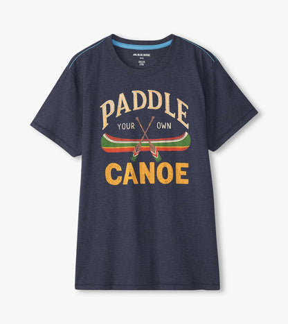 Navy Paddle Your Own Canoe men's tee laid flat with large canoe and crossed paddles graphic