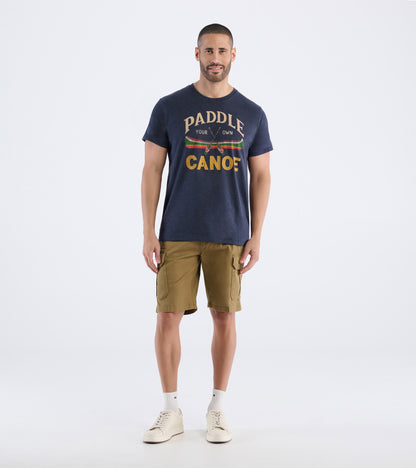 Full front view of navy graphic tee with Paddle Your Own Canoe print on model