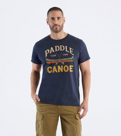 Front view of navy men's tee with Paddle Your Own Canoe text, crossed paddles and striped canoe graphic