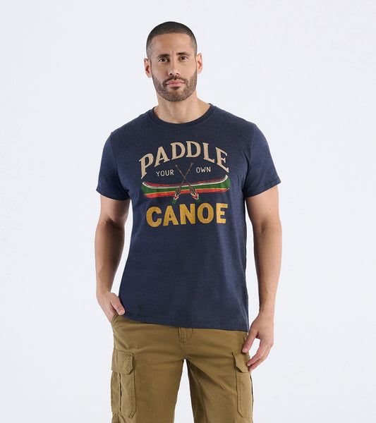Front view of navy men's tee with Paddle Your Own Canoe text, crossed paddles and striped canoe graphic