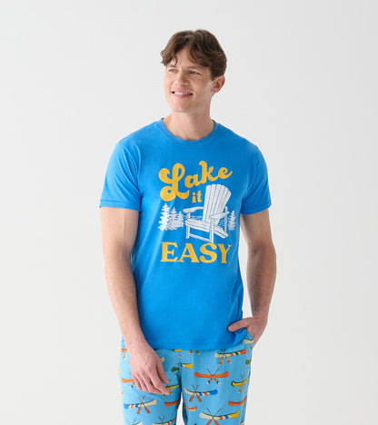 Blue men's graphic tee with yellow Lake It Easy text and white Adirondack chair print, shown on model