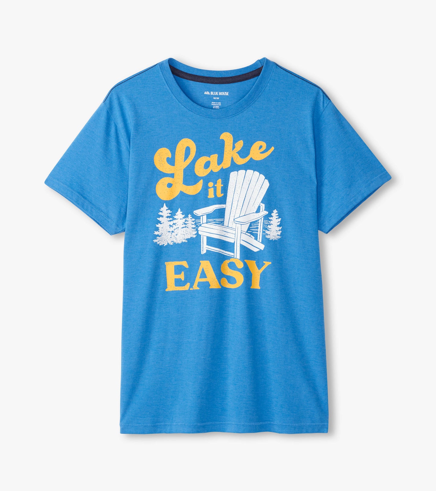 Blue men's tee with yellow Lake It Easy text and white Adirondack chair graphic on front