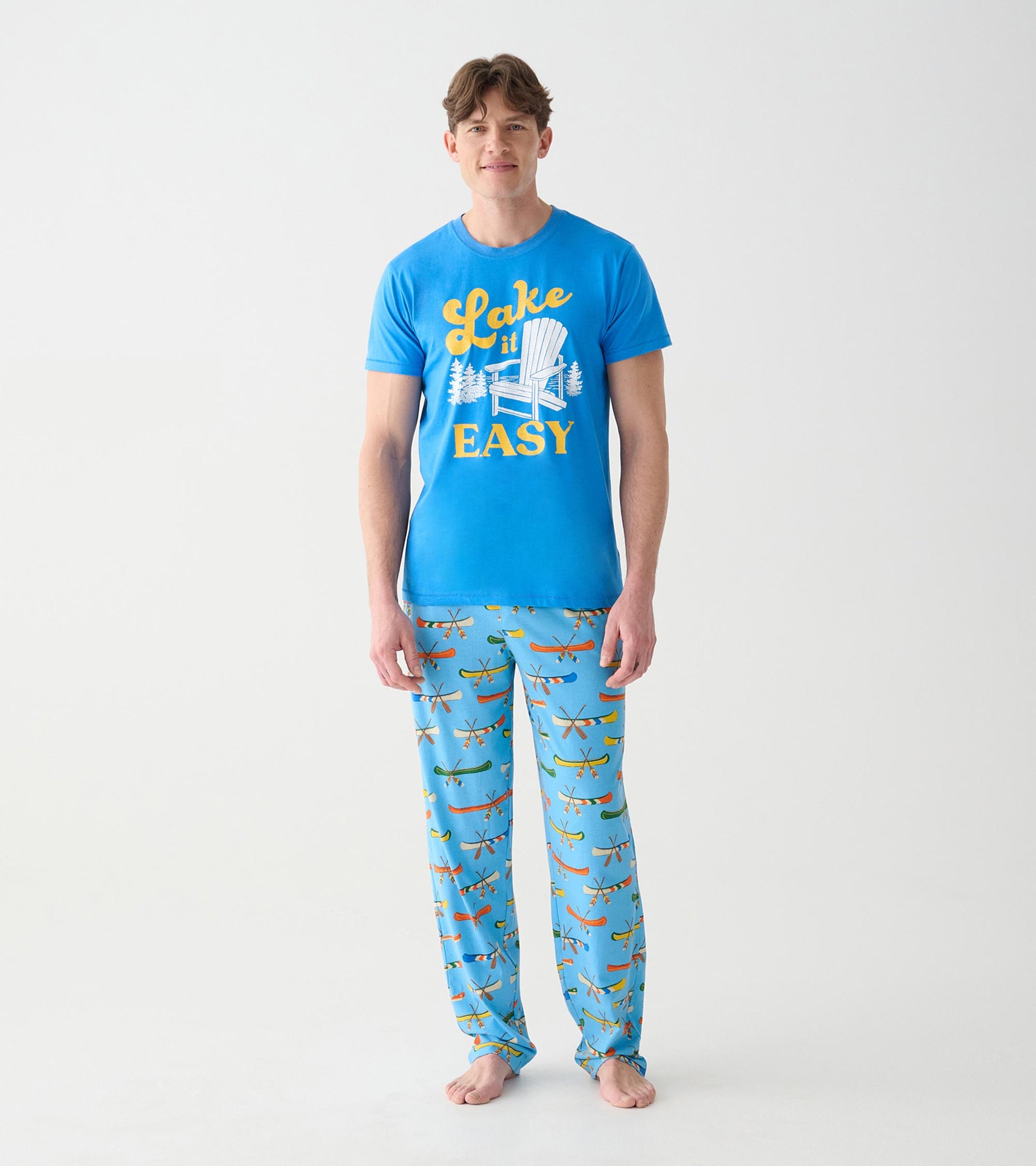 Front view of blue Lake It Easy men's graphic tee on model