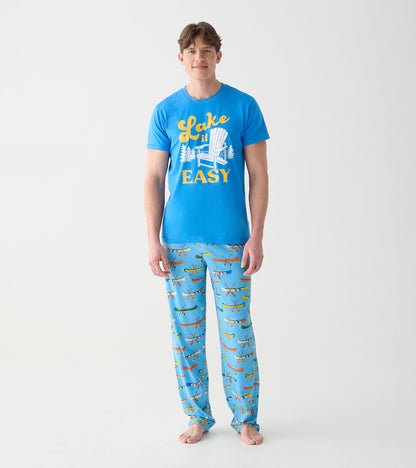 Front view of blue Lake It Easy men's graphic tee on model