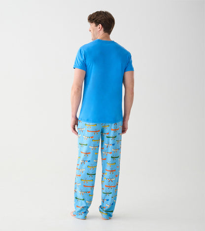 Back view of blue men's short sleeve tee on model