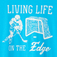 Blue square design with white illustration of a child reading an open book and the words "LIVING LIFE ON THE edge