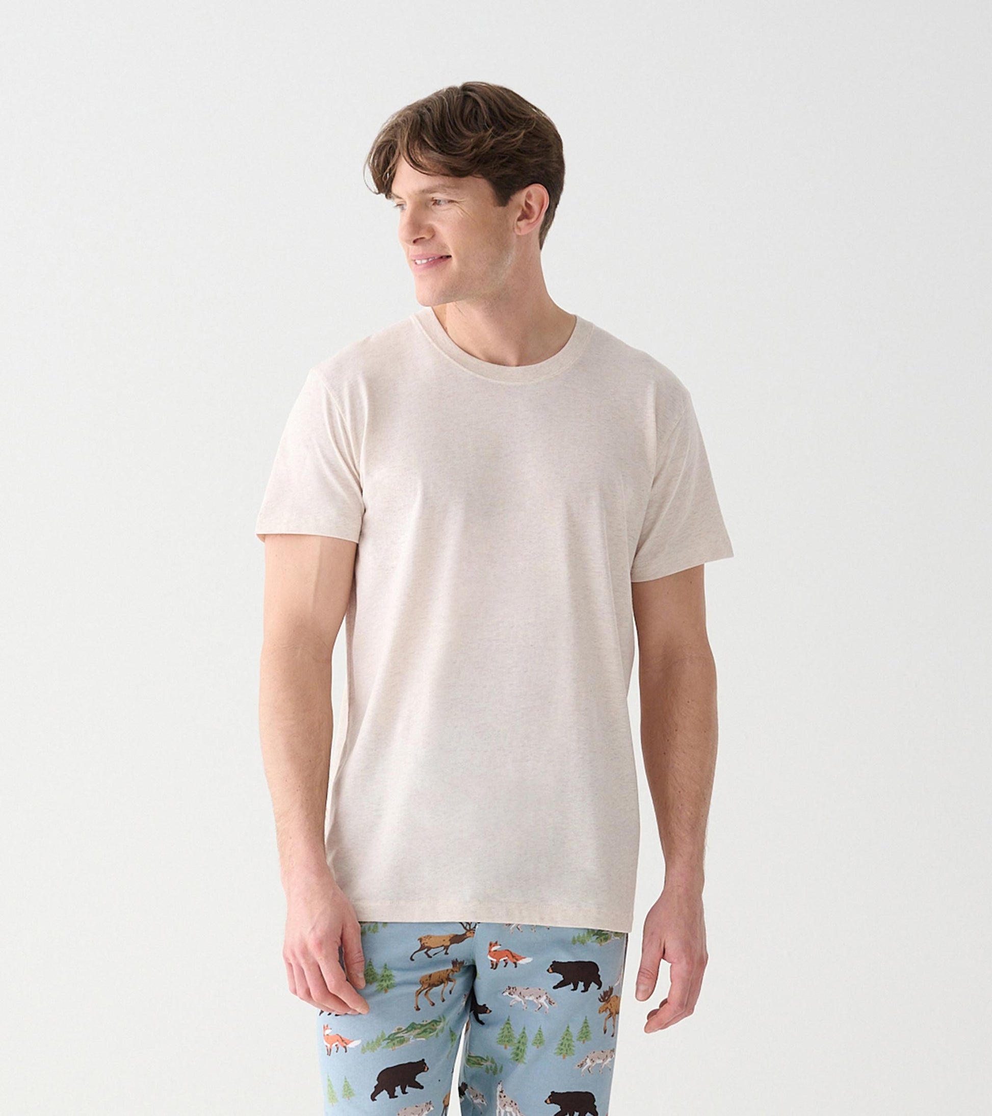 Front view of heathered oatmeal crew neck T-shirt with short sleeves and no front graphic