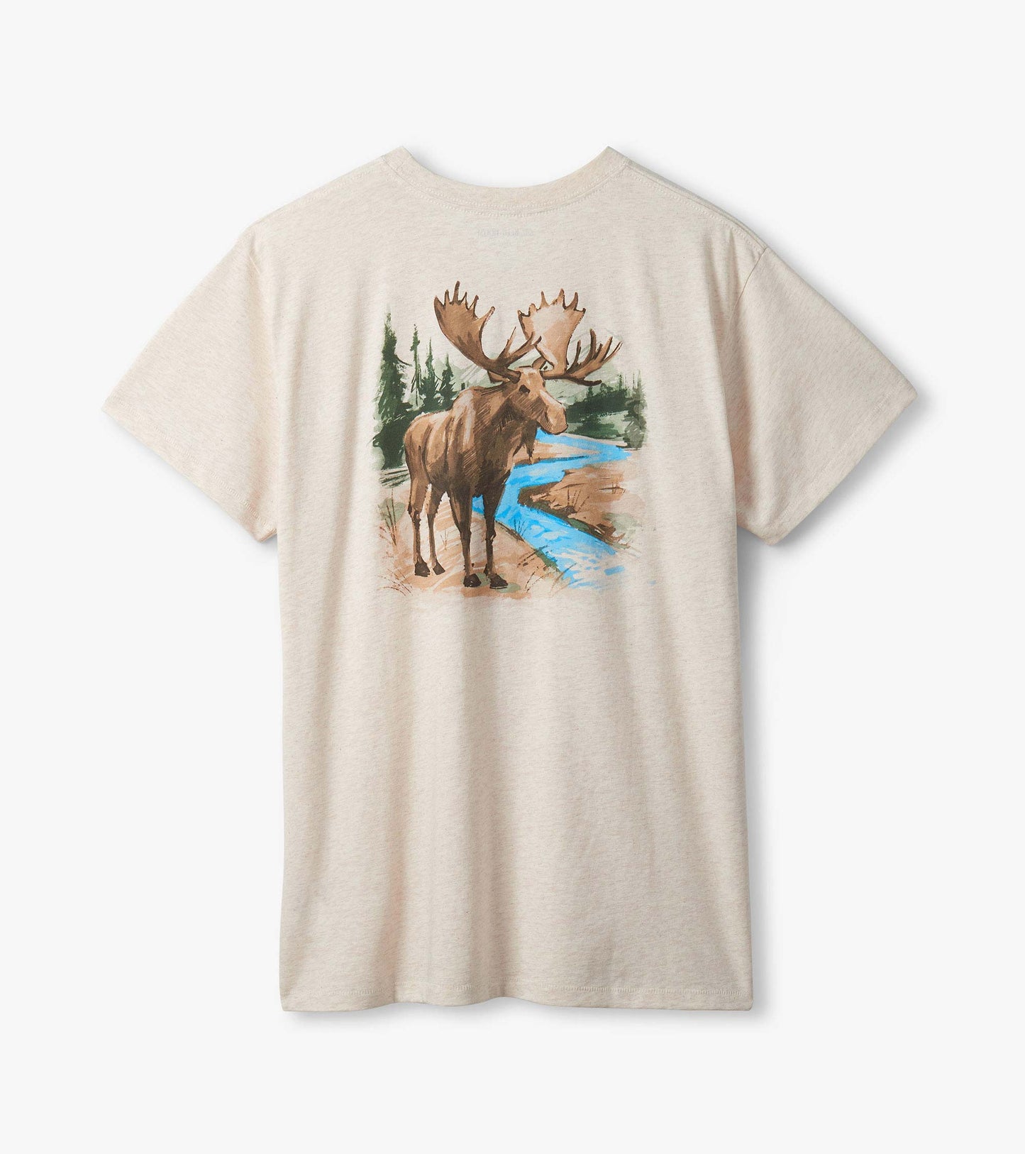 Back of oatmeal heather T-shirt with painted moose by a blue river and evergreen trees