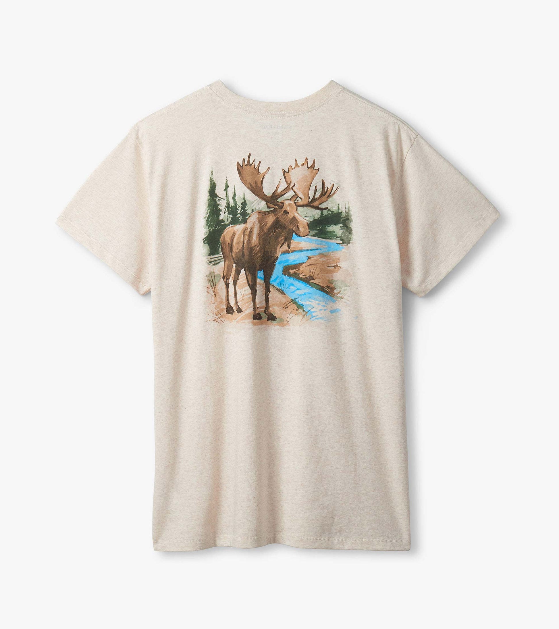 Back of oatmeal heather T-shirt with painted moose by a blue river and evergreen trees