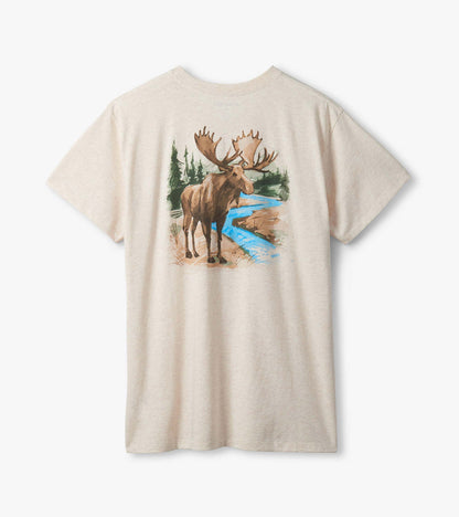 Back of oatmeal heather T-shirt with painted moose by a blue river and evergreen trees