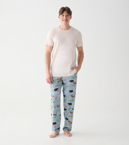 Full front view of oatmeal heather T-shirt with blue wildlife print pajama pants