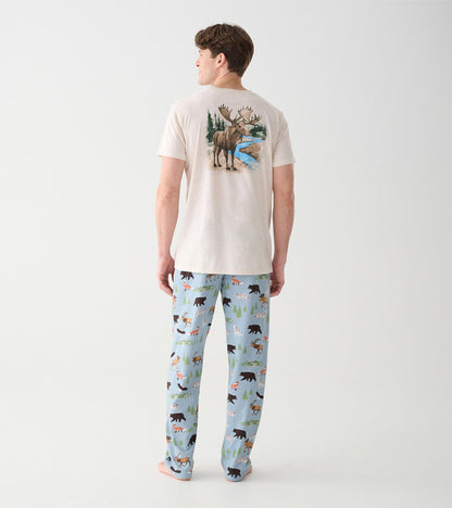 Full back view of oatmeal heather T-shirt with moose river scene graphic