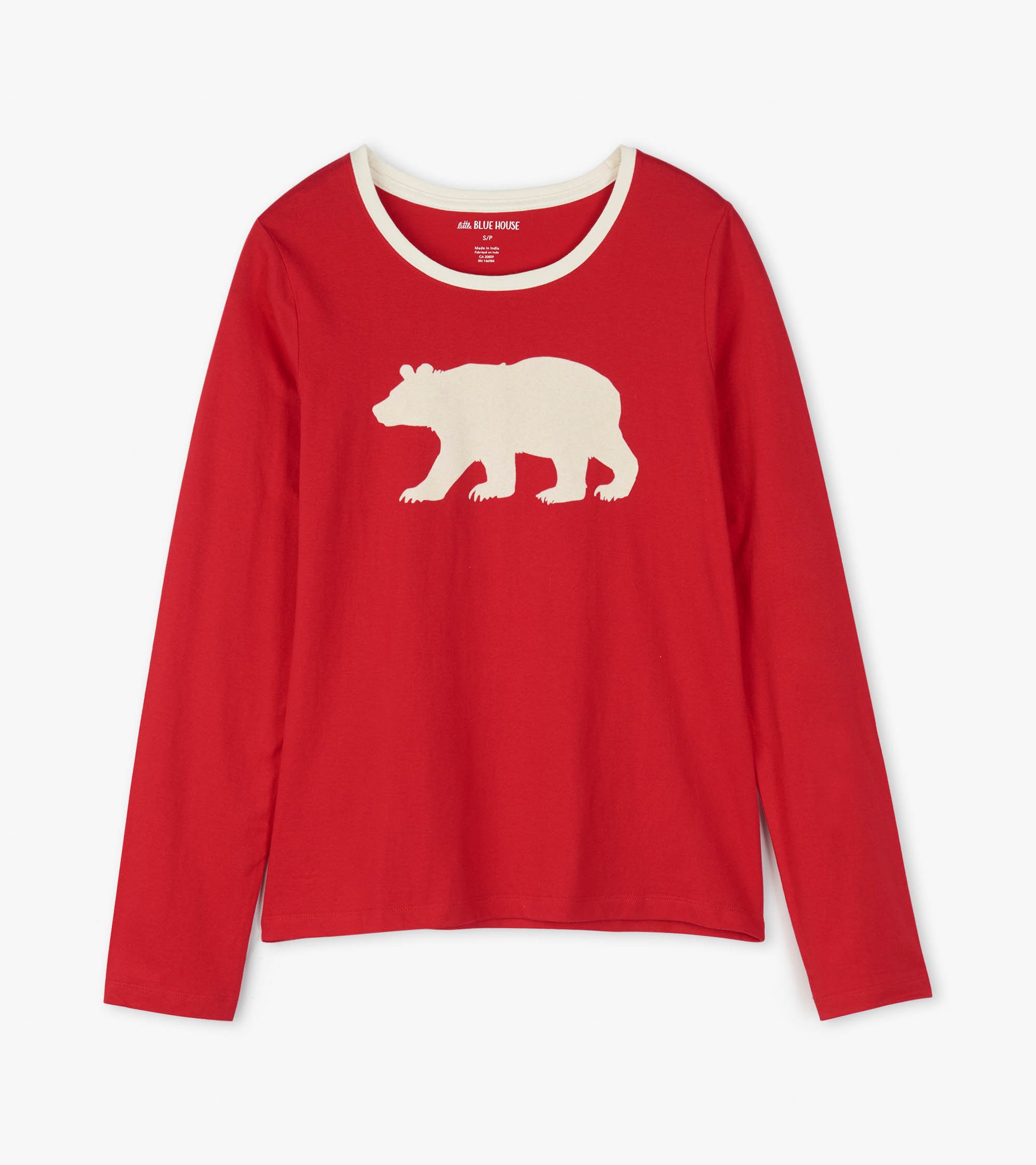 Red long sleeve pajama tee featuring a white bear graphic and a rounded neckline.