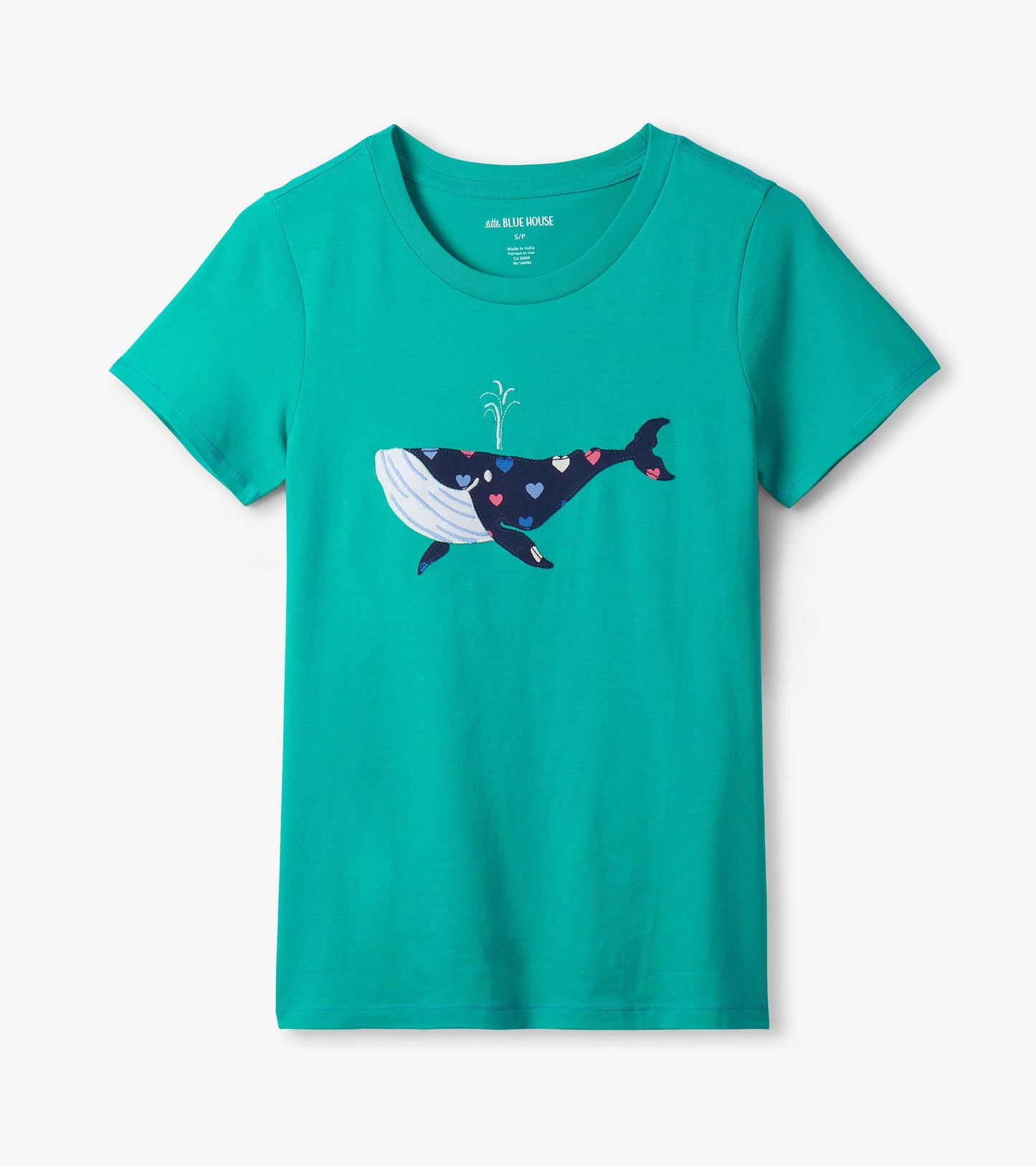 Teal short-sleeve pajama T-shirt with a whale graphic and heart pattern on the front