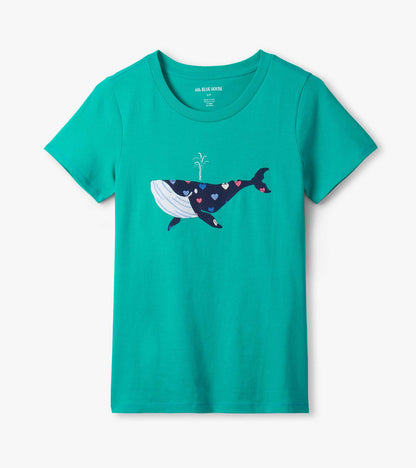 Teal short-sleeve pajama T-shirt with a whale graphic and heart pattern on the front