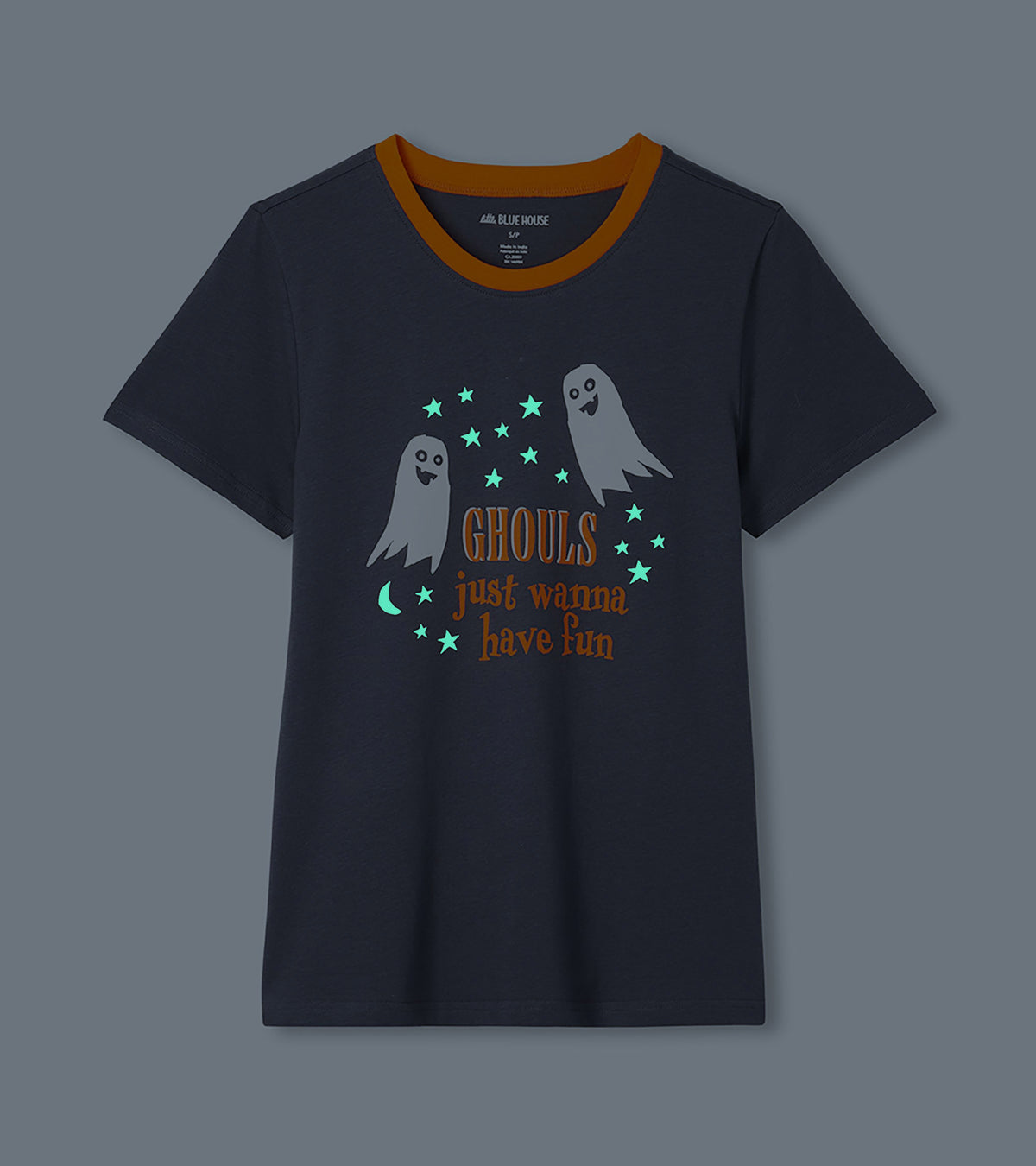 Gray pajama T-shirt with orange collar and glow-in-the-dark ghost, moon, stars, and slogan graphic