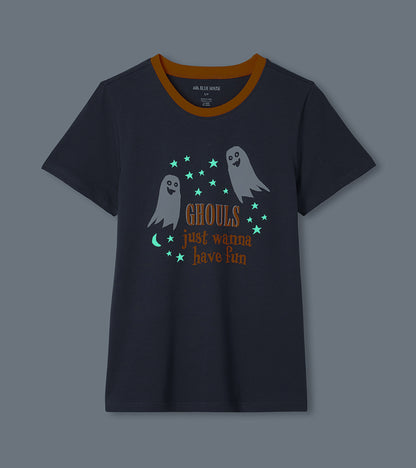 Gray pajama T-shirt with orange collar and glow-in-the-dark ghost, moon, stars, and slogan graphic