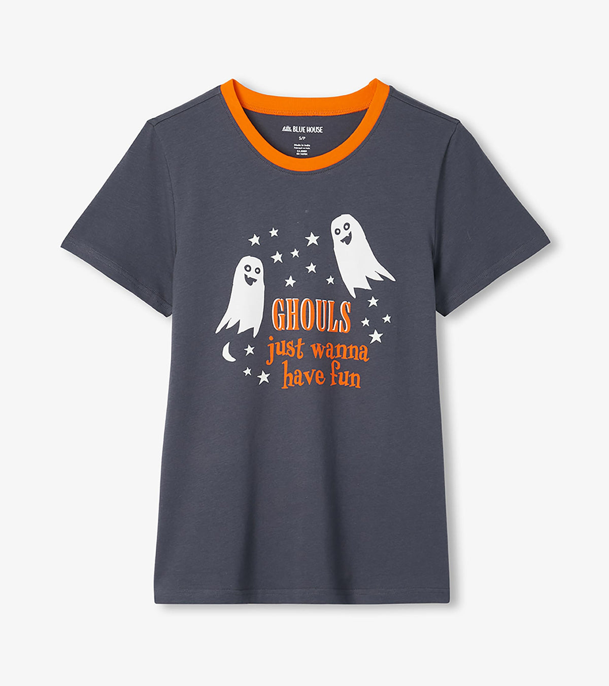 Gray pajama T-shirt with orange collar, white ghosts, stars, moon, and 'Ghouls just wanna have fun' text
