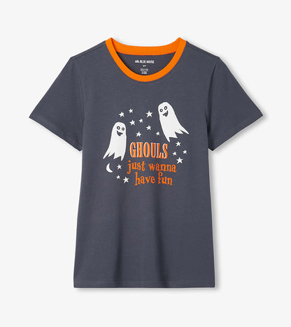 Gray pajama T-shirt with orange collar, white ghosts, stars, moon, and 'Ghouls just wanna have fun' text