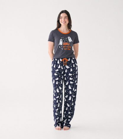 Front view of gray Halloween pajama T-shirt styled with navy ghost print pants and orange drawstring